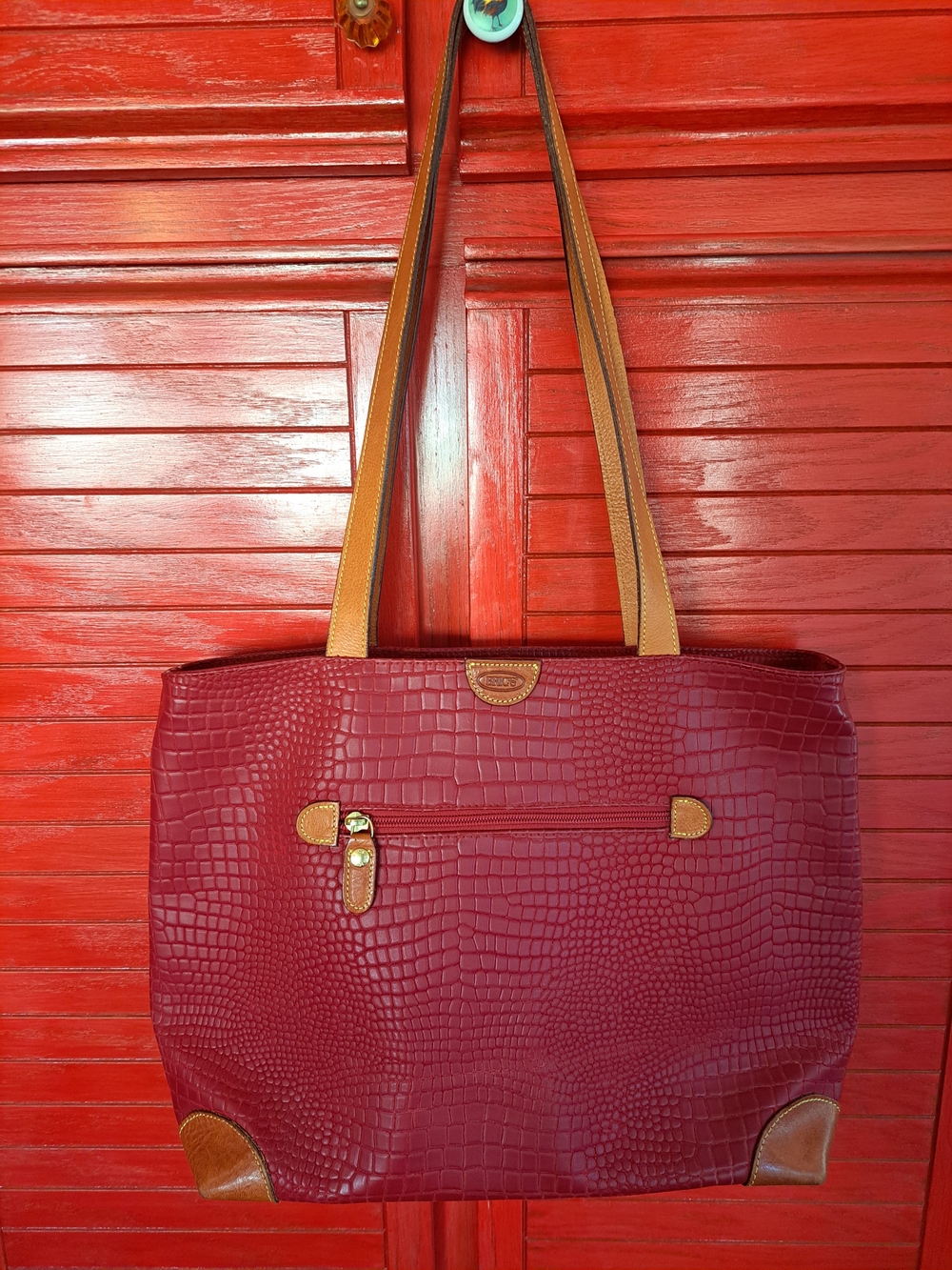 Brics Blood Red Croco Large Leather Trim Tote